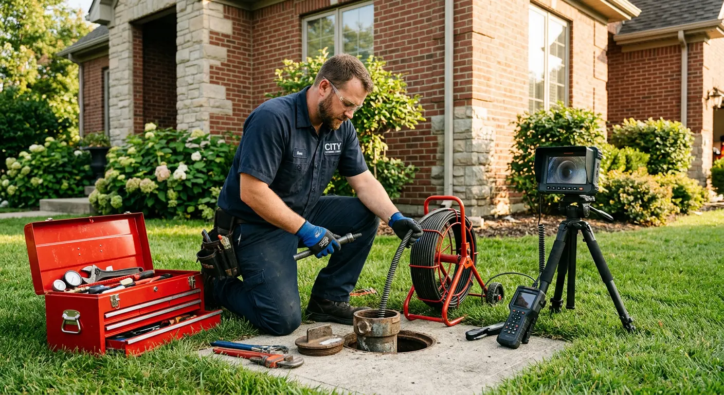 Sewer specialist with camera equipment servicing a cleanout in Seymour