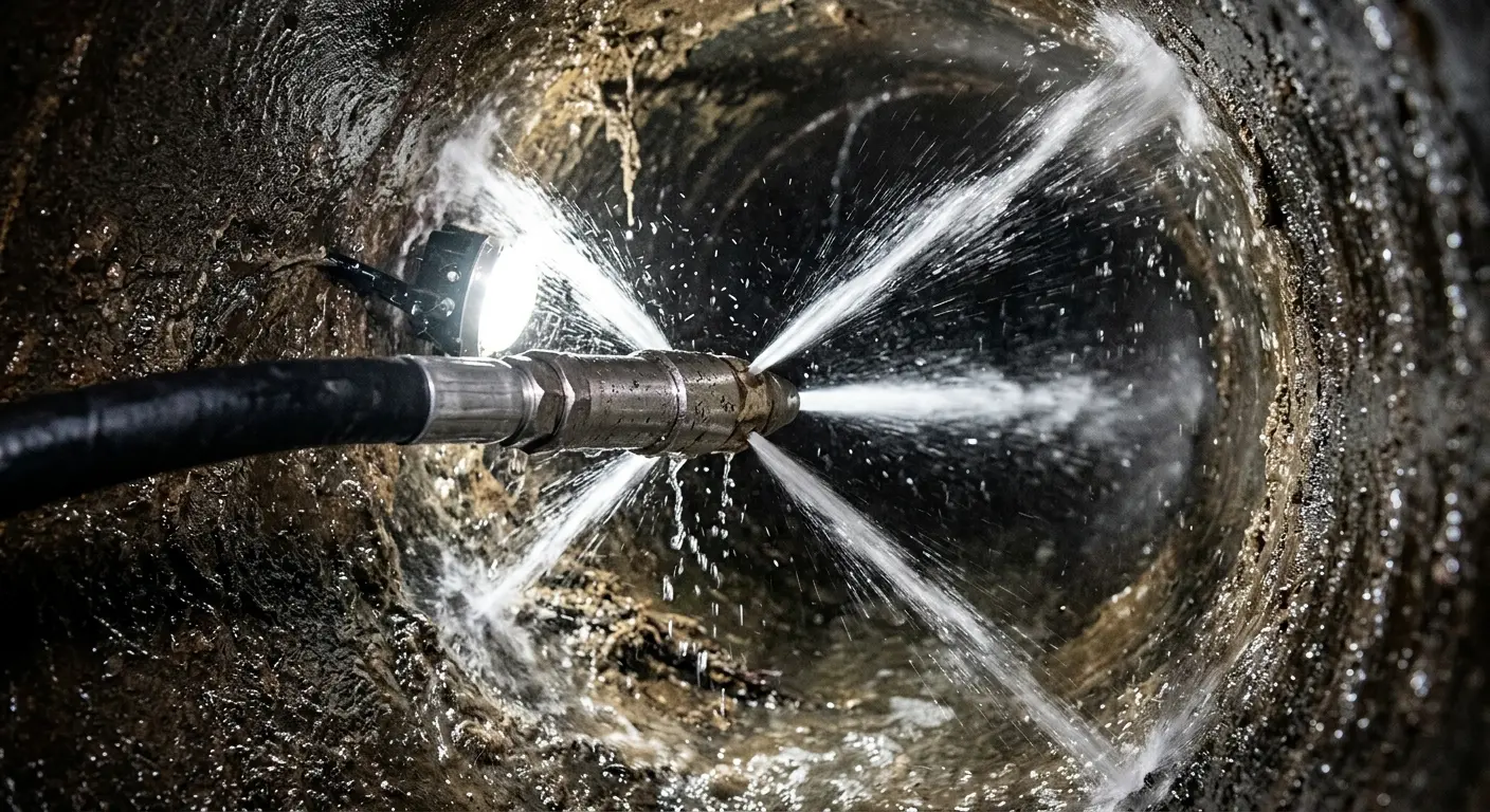 High-pressure hydro jetting nozzle cleaning sewer pipe for Emergency Drain Service in Seymour