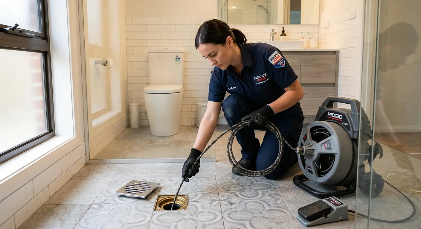 Technician clearing a bathroom floor drain for Drain Cleaning in Seymour